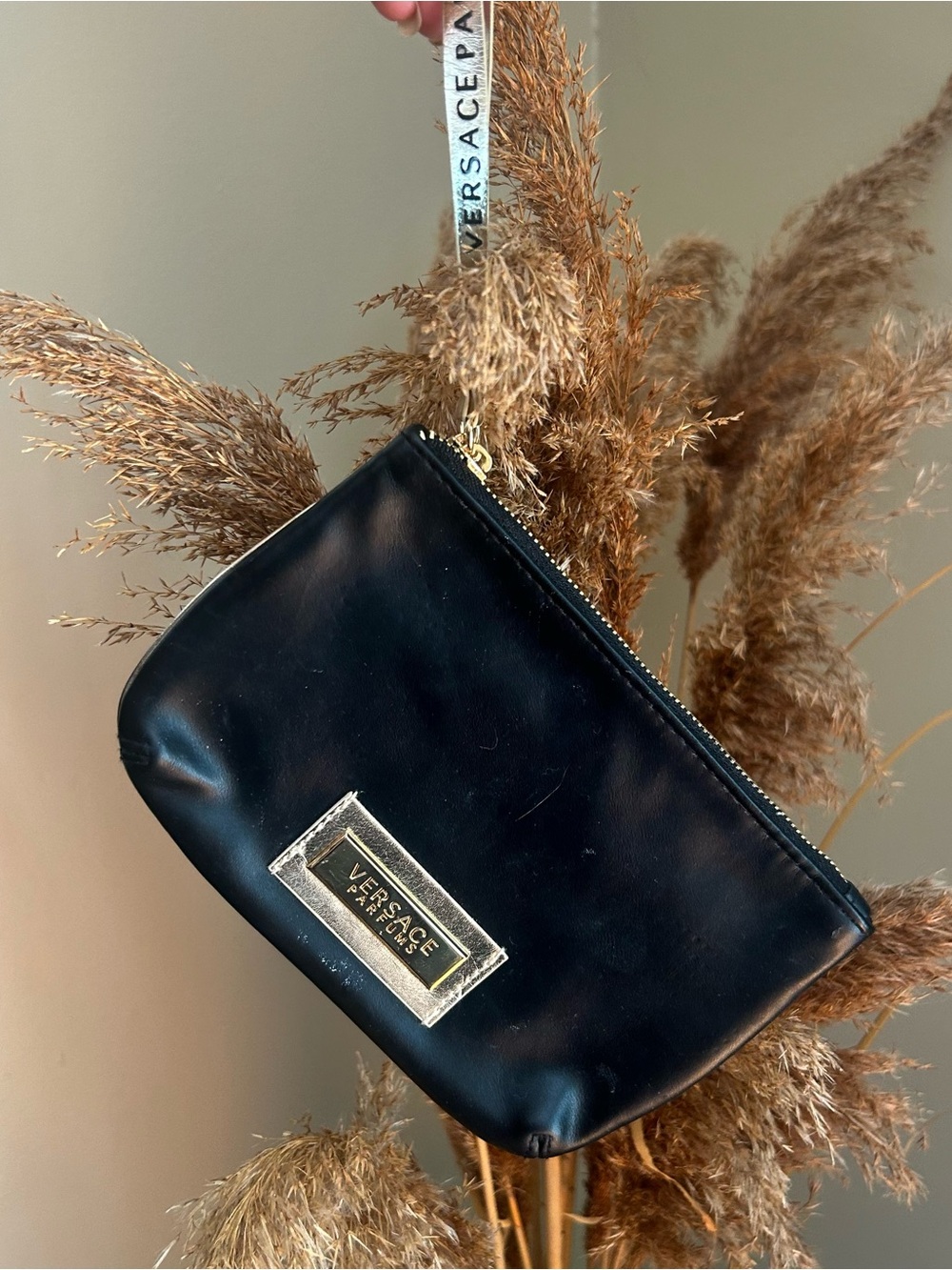 Versace Black Wristlet/ Cosmetic Pouch with Gold Logo Plaque